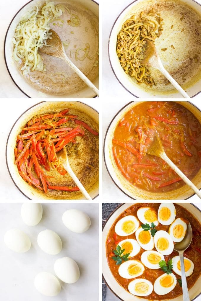 Collage of 6 Photos Showing How to Make Egg Curry Process Steps