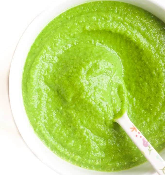 Pea Puree in Bowl with Spoon