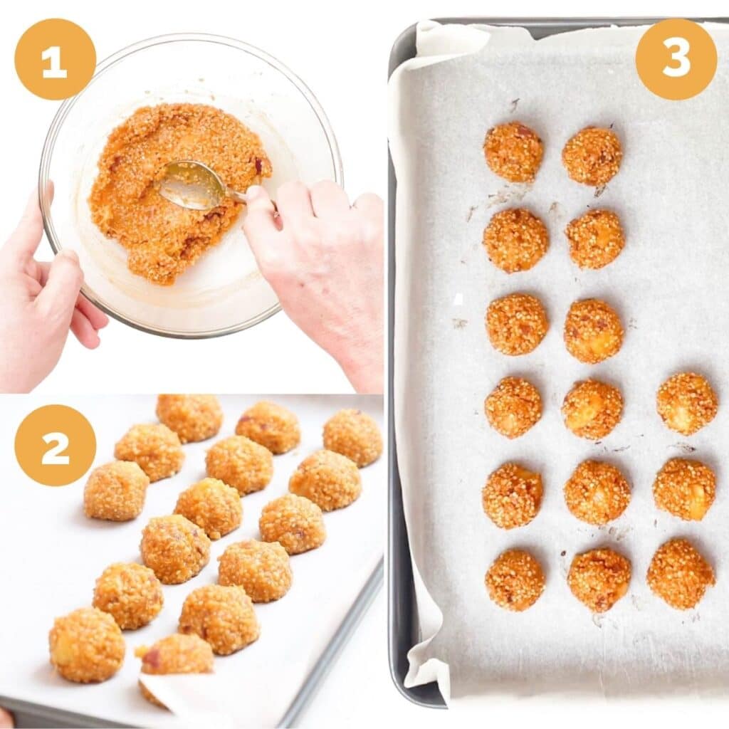 Collage of 3 Images Showing How to Make Quinoa Balls 1) Add Egg 2)Form Balls 3)Bake