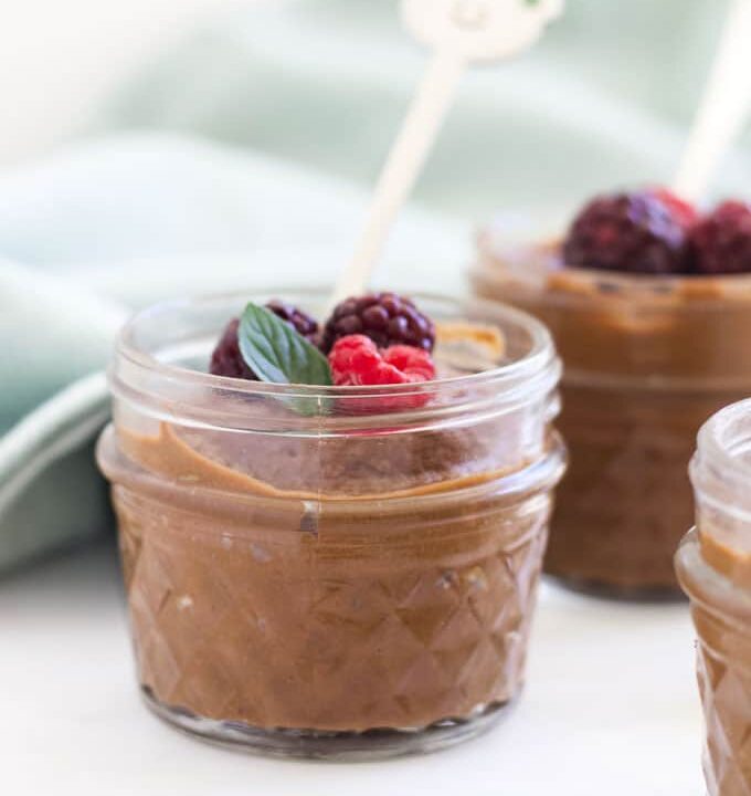Side View of Chocolate Avocado Mousse in Glass Jar