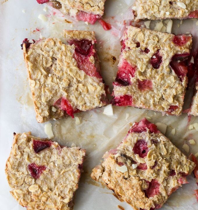 plum and almond baked oats sliced into squares